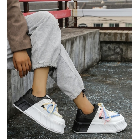 Sneakersy Damskie MoonBeads Stylowe Buty na Platformie z Koralikami Białe/Czarne