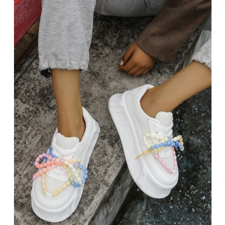 Sneakersy Damskie MoonBeads Stylowe Buty na Platformie z Koralikami Białe